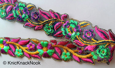 Black Sheer Fabric Trim With Orange, Pink And Green Floral Embroidery, 36mm wide - 200317L438